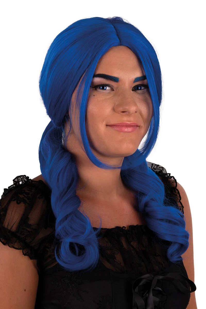 Pruik Raewyn blauw met staartjes en krullen dames