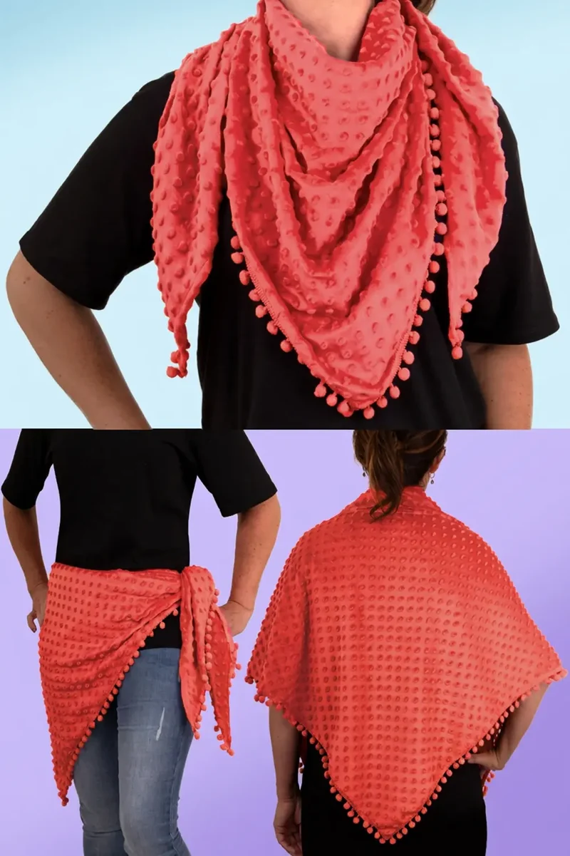 Driehoek sjaal bubble rood met pompomband dames