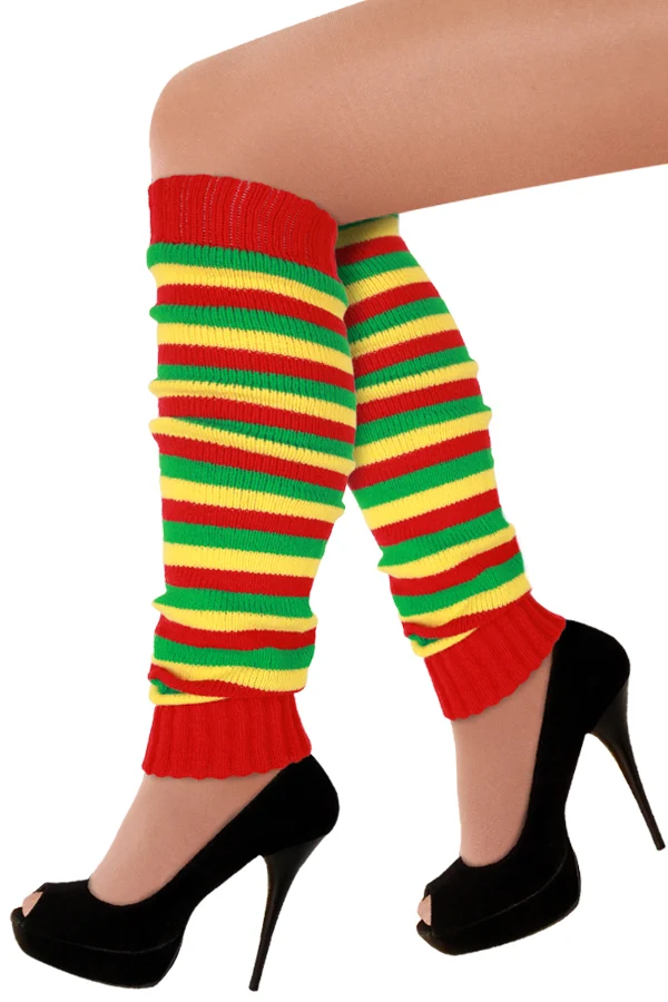 Beenwarmers rood geel groen met smalle streep dames