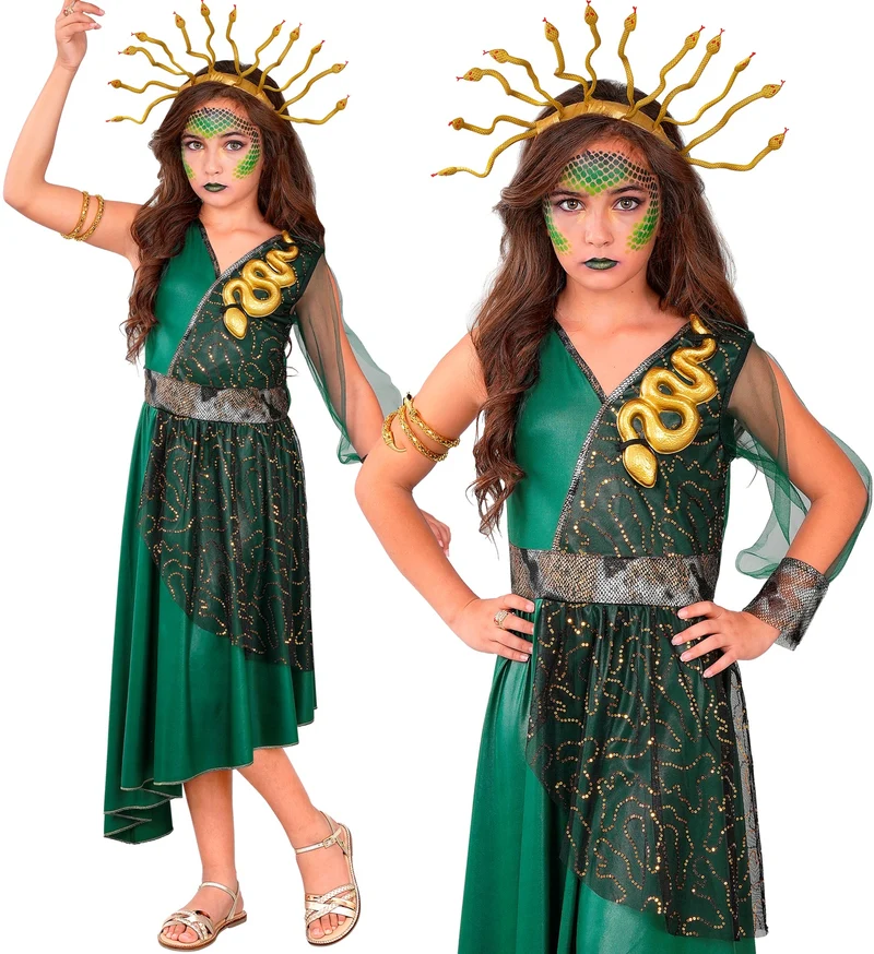 Medusa jurk meisjes groen met gouden slangenhaarband
