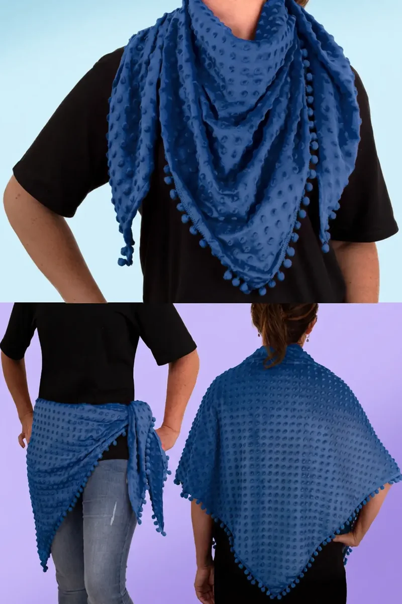 Driehoek sjaal bubble donkerblauw met pompomrand