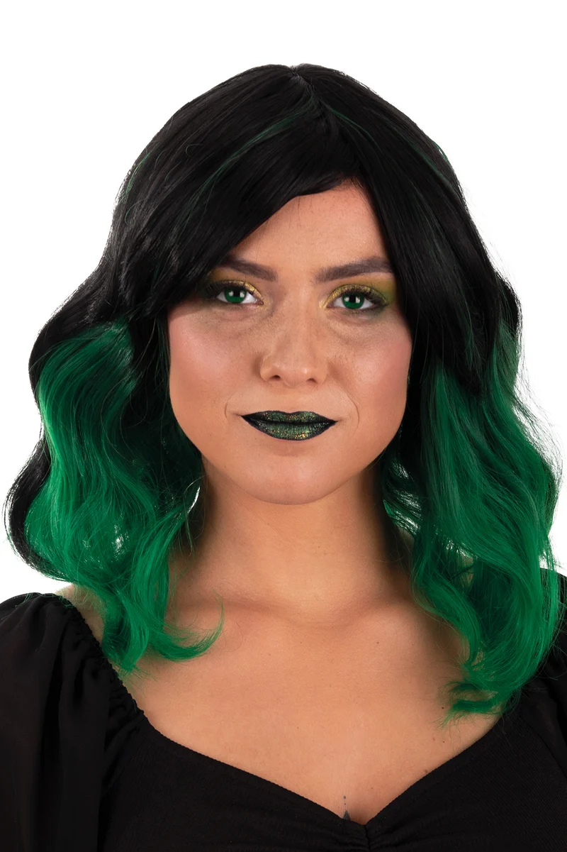 Pruik Alicia halflang met waves zwart groen dames