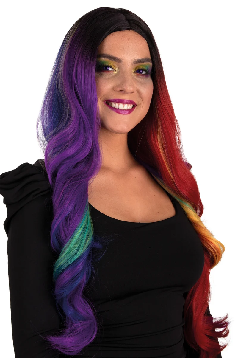 Pruik Selena lang regenboog met krullen voor dames