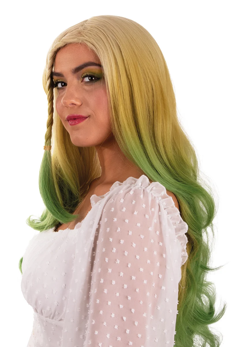 Pruik Rebecca lang blond met groene punten en vlecht
