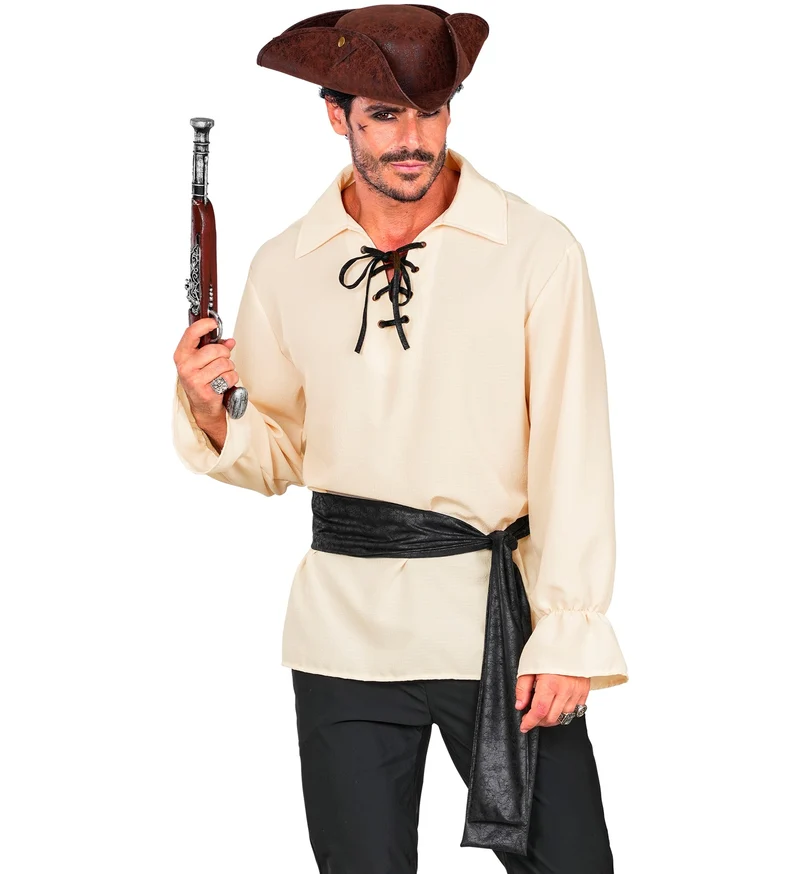 Piratenshirt heren ecru met veters en zwarte sjerp