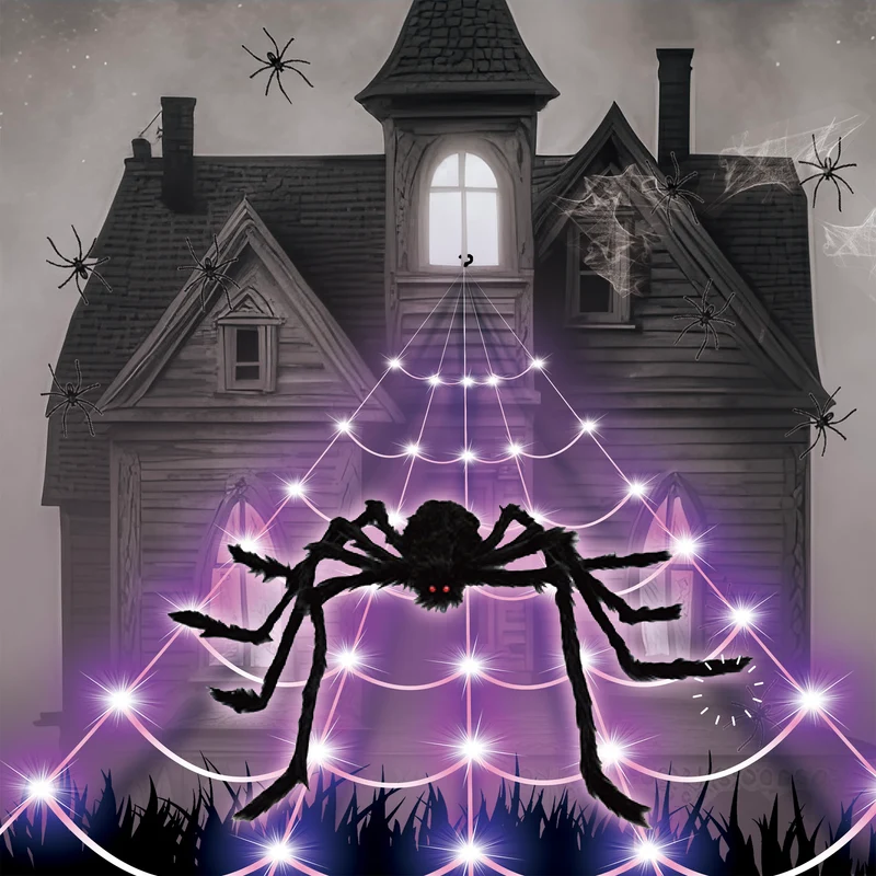 Led spinnenweb 5 m met grote spin en 250 violette lampjes