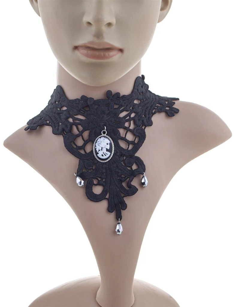 Choker zwart kant met schedelcamee en druppels dames