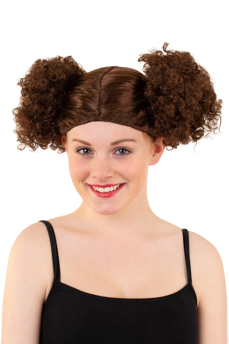 Pruik Knottie bruin met krullende knotjes dames