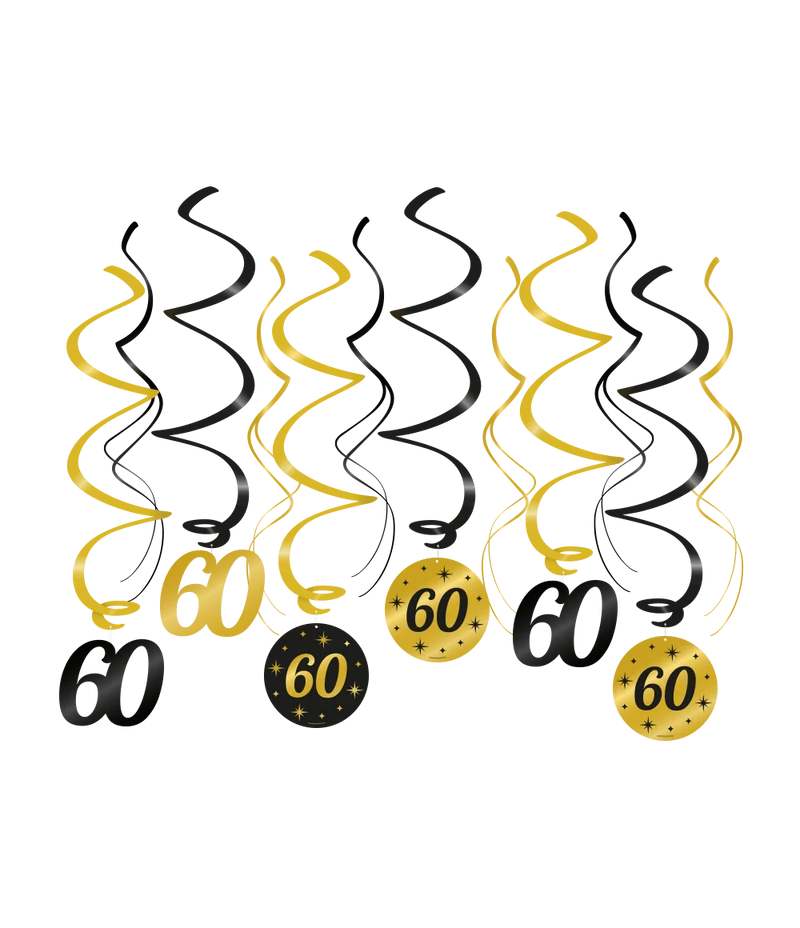 60 jaar getrouwd Swirl slingers - 6 stuks - goud en zwart - Classy
