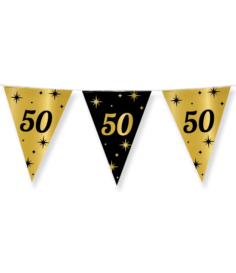 50 jaar getrouwd Vlaggenlijn / slinger - goud en zwart - Classy - 10 meter vlaggetjes