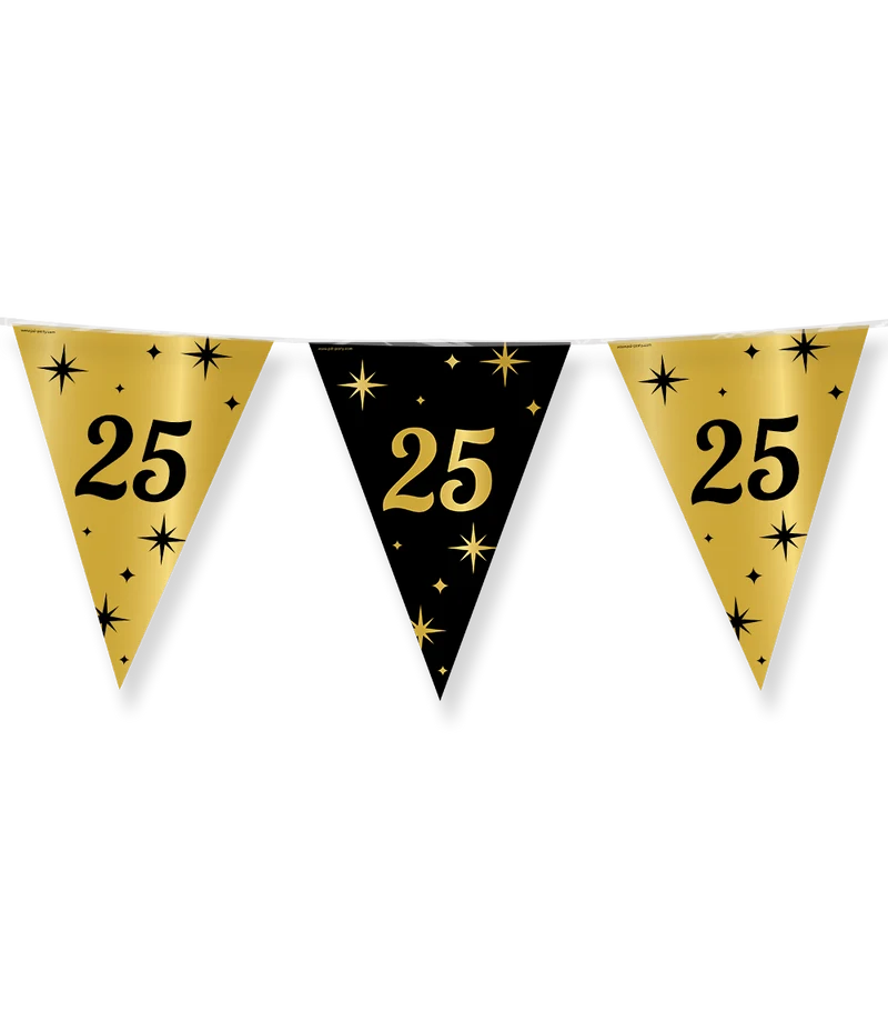 25 jaar getrouwd Vlaggenlijn / slinger - goud en zwart - Classy - 10 meter vlaggetjes