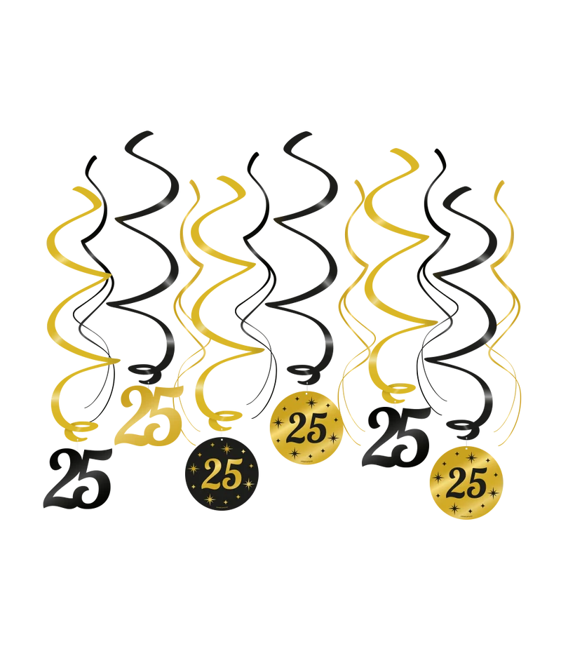 25 jaar getrouwd Swirl slingers - 6 stuks - goud en zwart - Classy