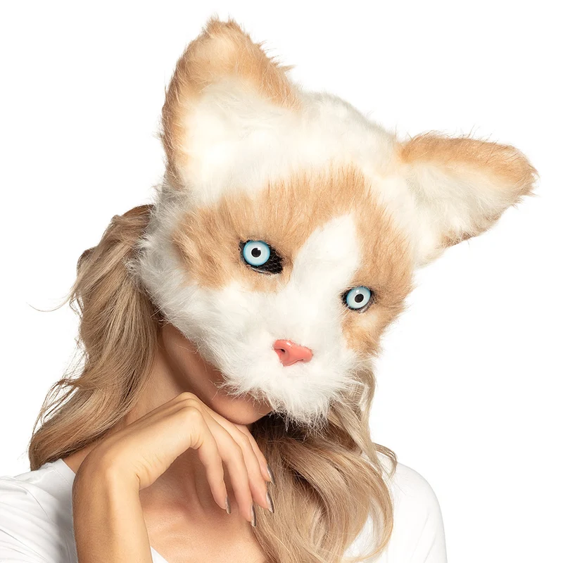 Pluchen halfmasker kat wit met rossige vacht