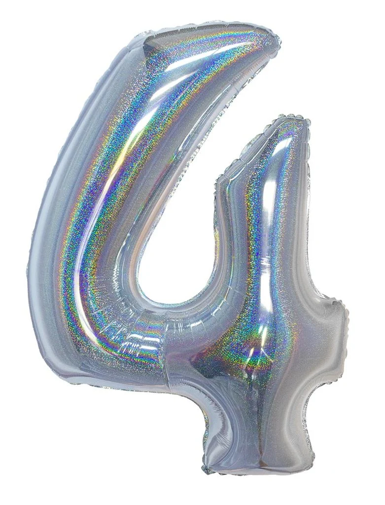 Folieballon Holografisch Zilver Cijfer '4' - 102cm