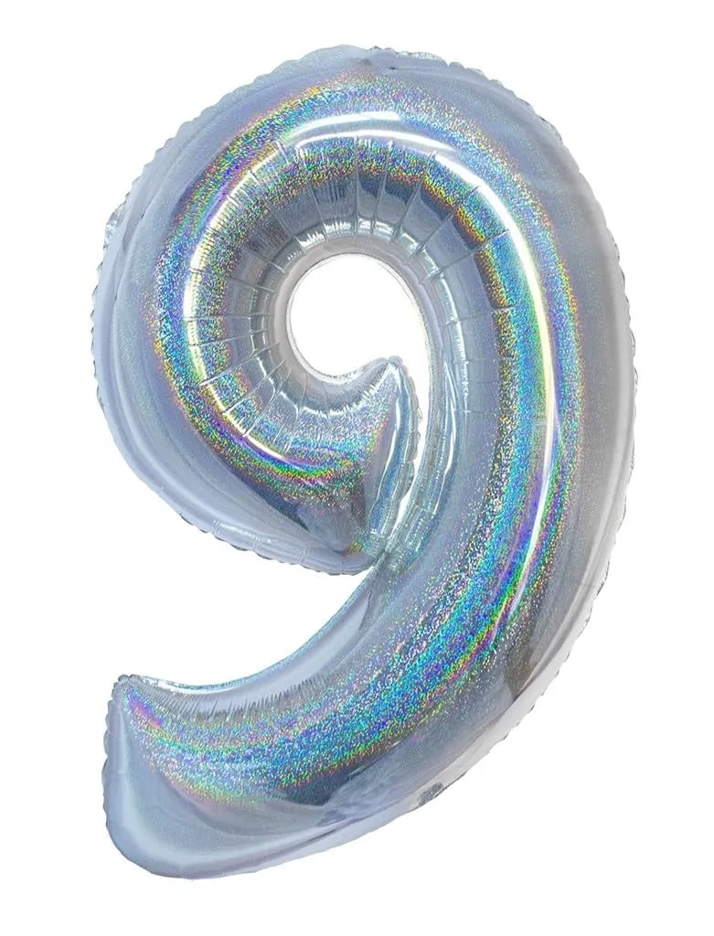 Folieballon Holografisch Zilver Cijfer '9' - 102cm
