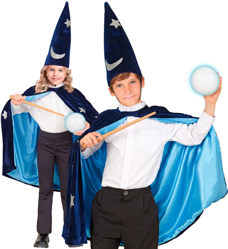 Tovenaars cape kinderen blauw met sterren en hoed