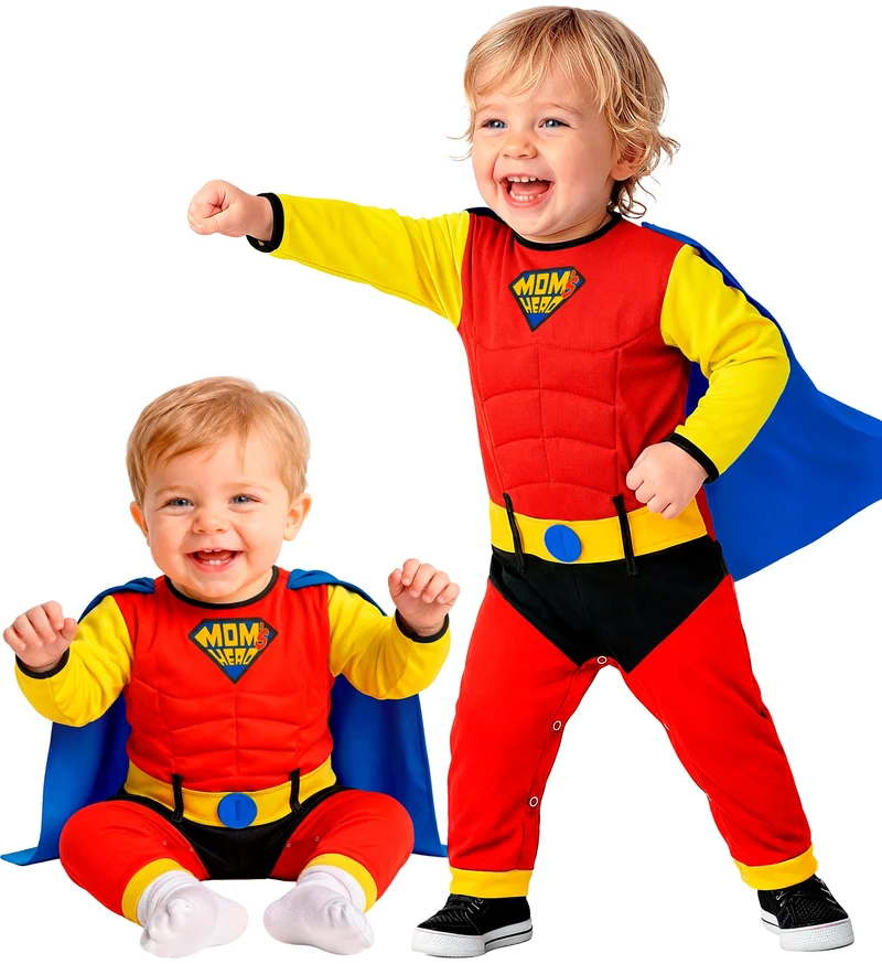 Superheld babyjumpsuit rood met blauwe cape voor jongens