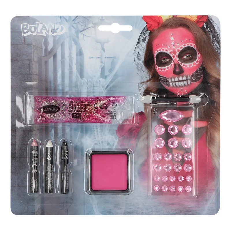 Schminkset Catrina roze met glittergel en gezichtssteentjes