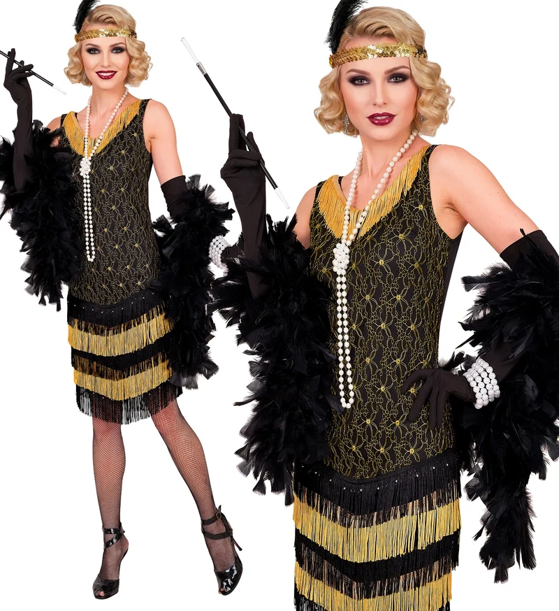 Jaren 20 flapper jurk dames zwart met gouden franje