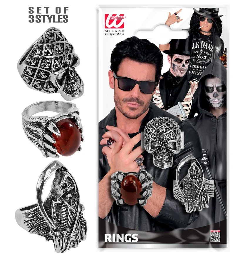 Ringen Halloween heren zilver, 3 stijlen doodskop en zeis