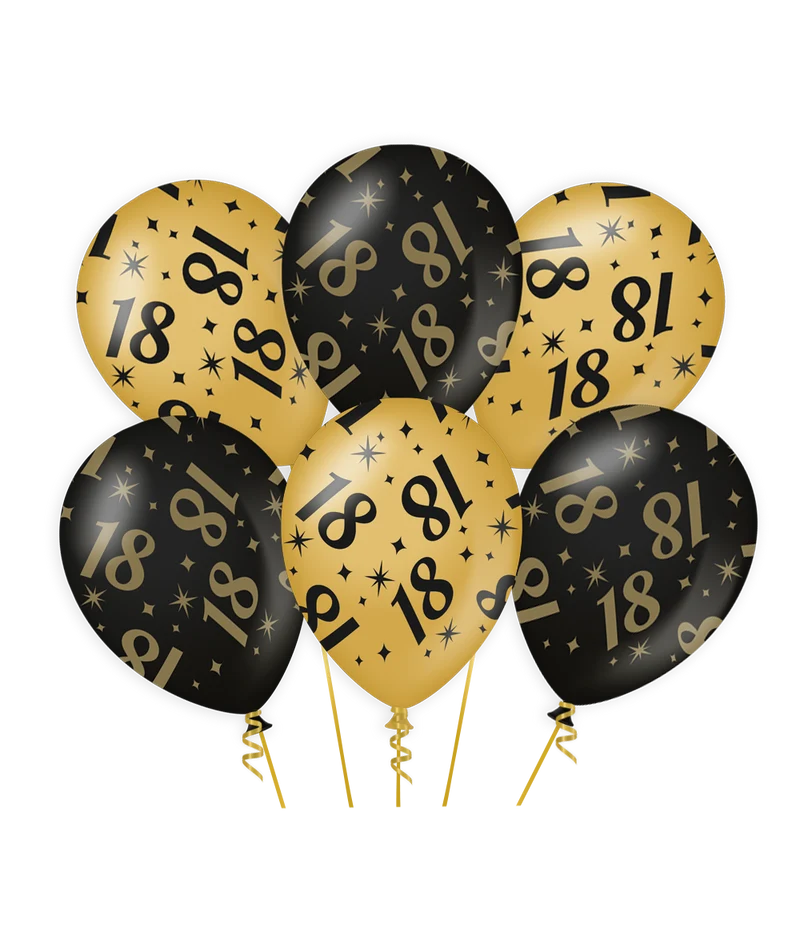 18 jaar Ballonnen - 6 stuks - 30 cm - goud en zwart - Classy