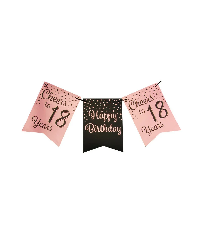 18 jaar Vlaggenlijn / slinger - 6 meter - roze en zwart vlaggetjes