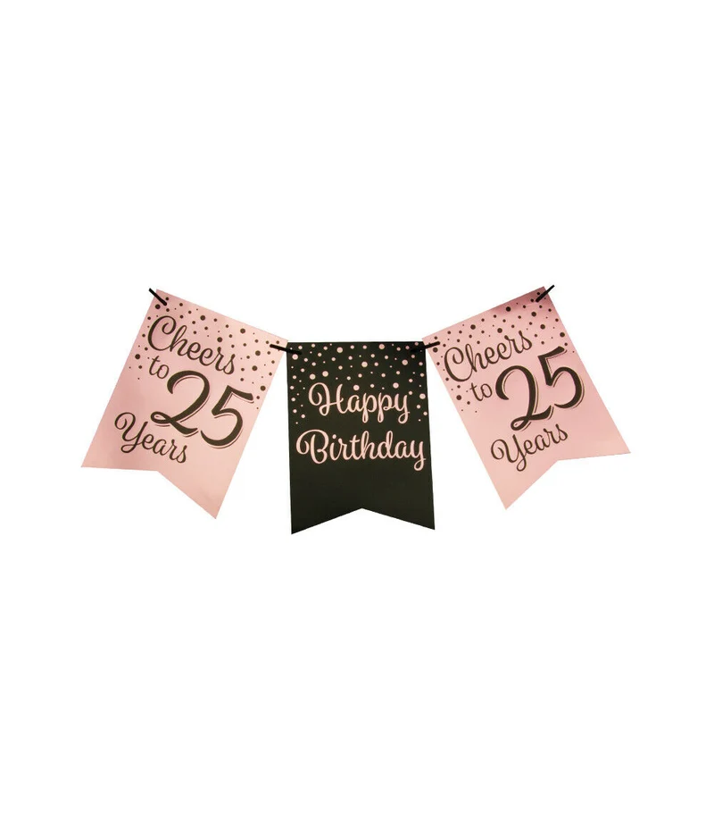 25 jaar Vlaggenlijn / slinger - 6 meter - roze en zwart vlaggetjes
