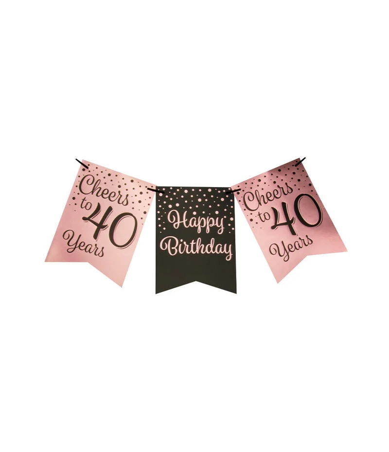 40 jaar Vlaggenlijn / slinger - 6 meter - roze en zwart vlaggetjes