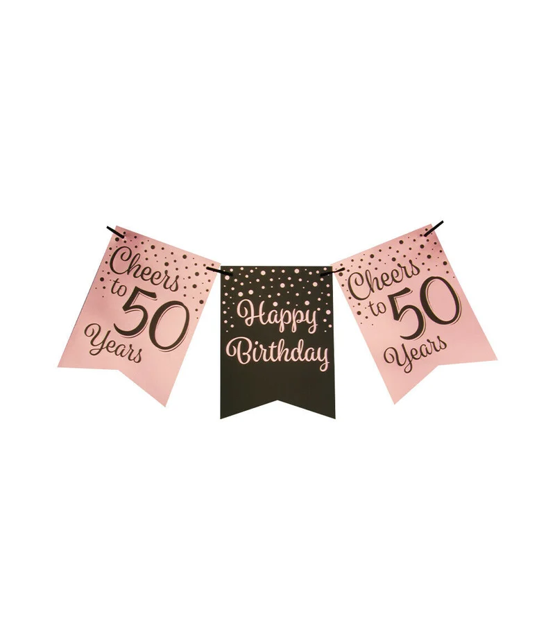 50 jaar Vlaggenlijn / slinger - 6 meter - roze en zwart vlaggetjes