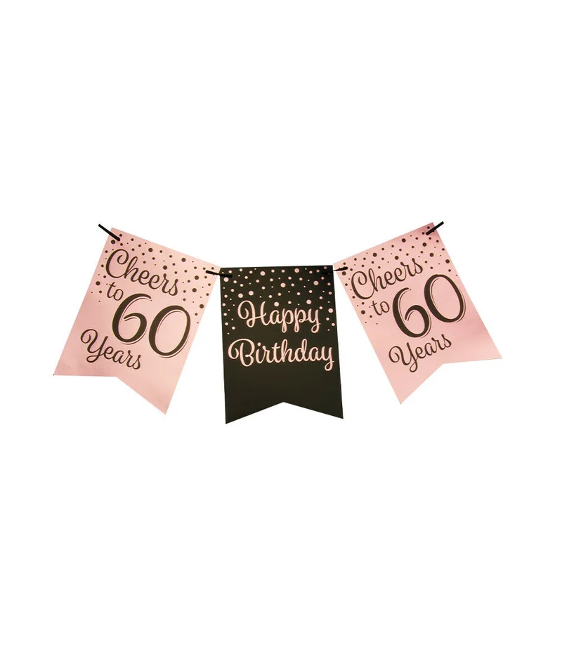 60 jaar Vlaggenlijn / slinger - 6 meter - roze en zwart vlaggetjes