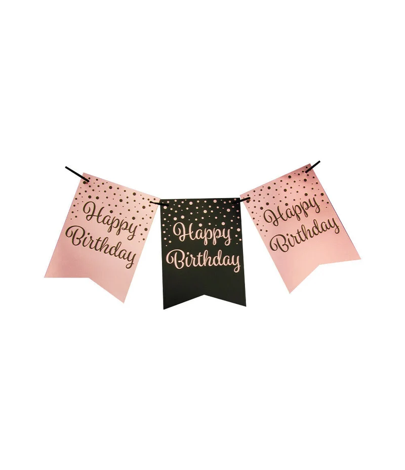 Happy birthday Vlaggenlijn / slinger - 6 meter - roze en zwart vlaggetjes