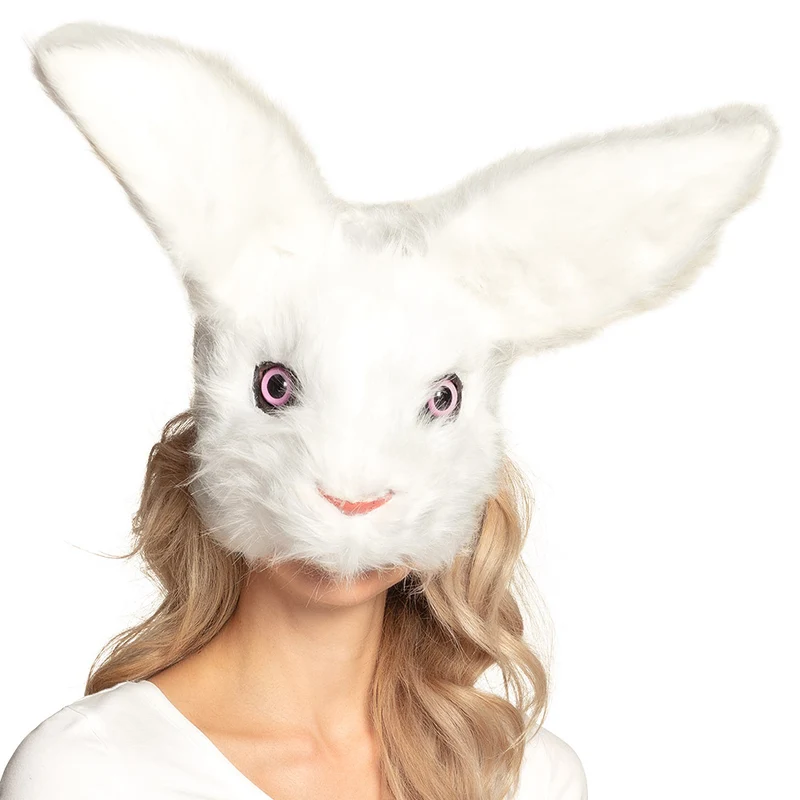 Pluchen konijnenmasker wit met lange oren, halfmasker