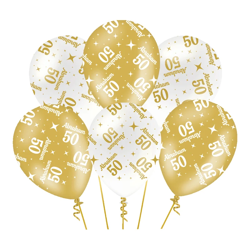 Abraham 50 Ballonnen – Wit/Goud – 30 cm – 6 stuks