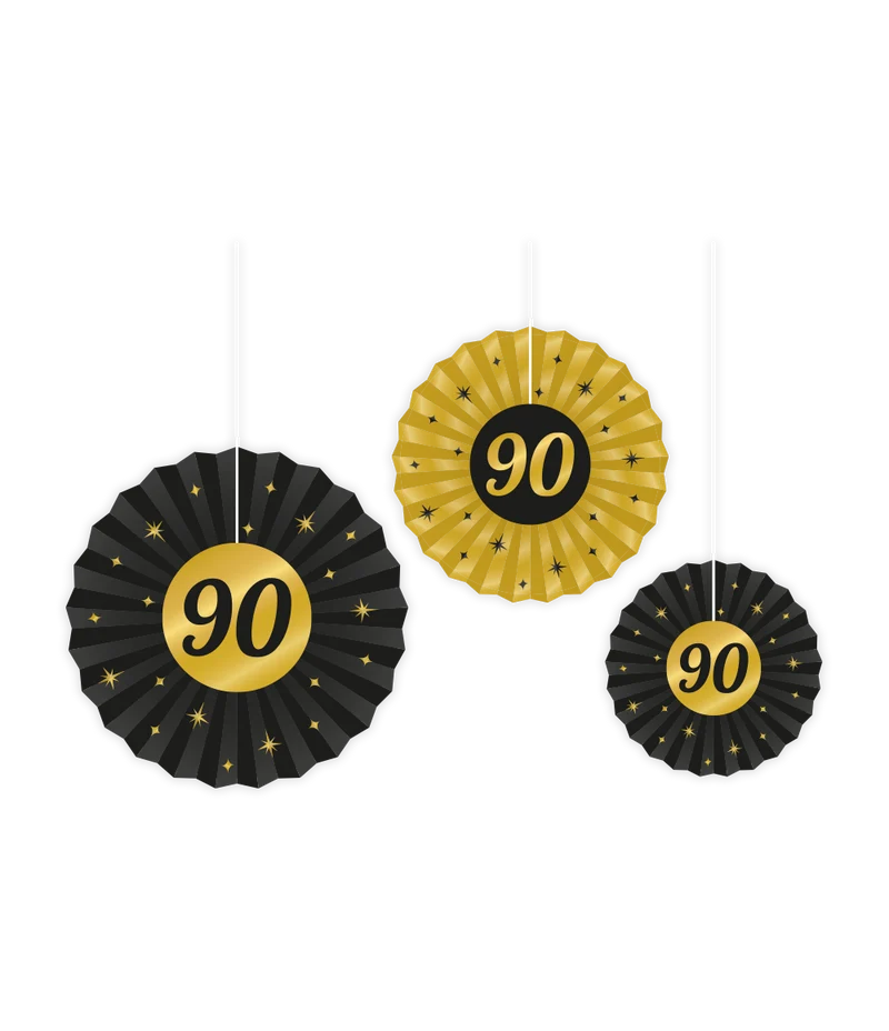 90 jaar Papieren waaier - 3 stuks - 20/30/40 cm - goud en zwart - Classy