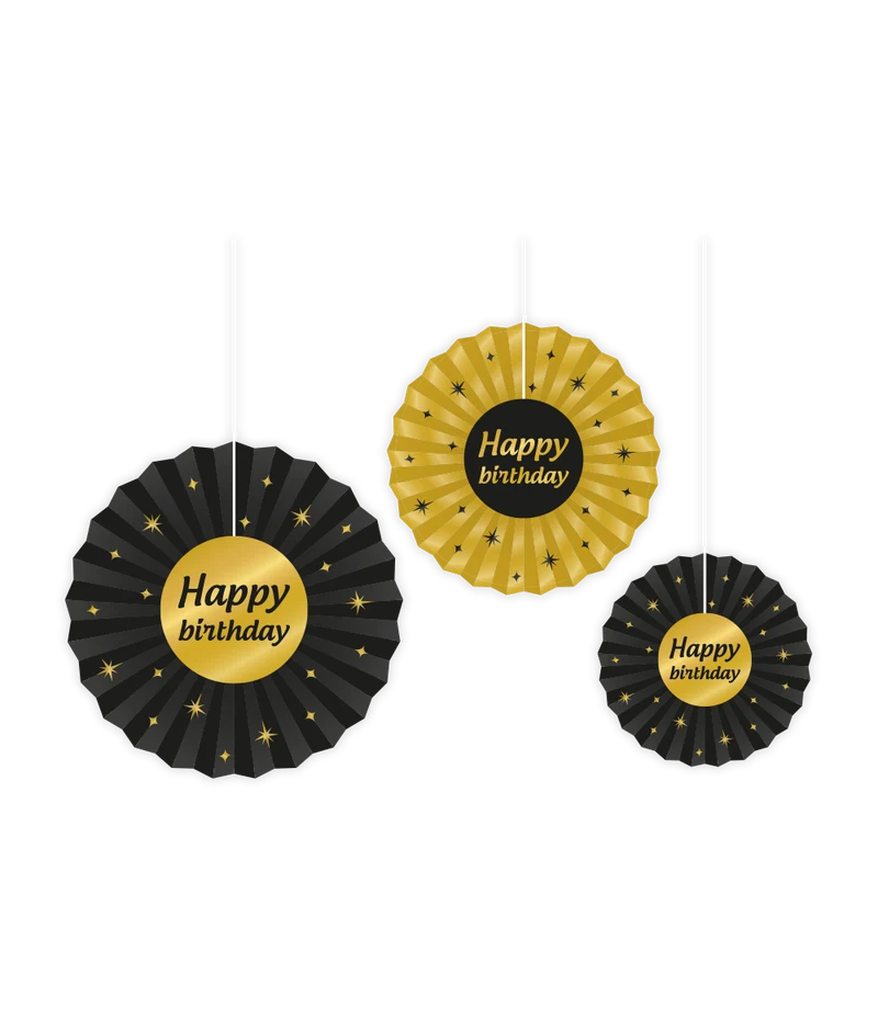 Happy birthday Papieren waaier - 3 stuks - 20/30/40 cm - goud en zwart - Classy