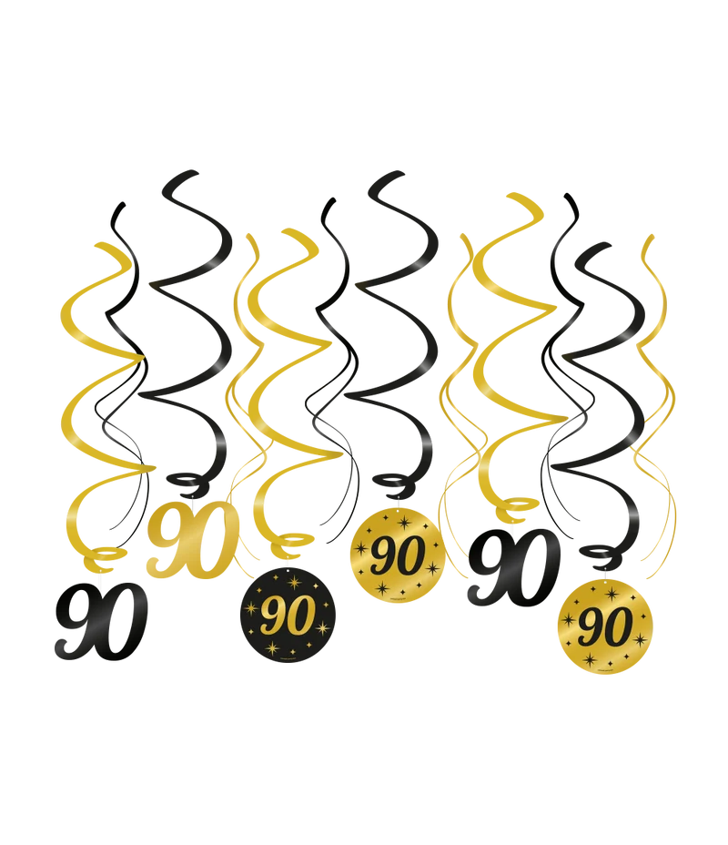 90 jaar Swirl slingers - 6 stuks - goud en zwart - Classy