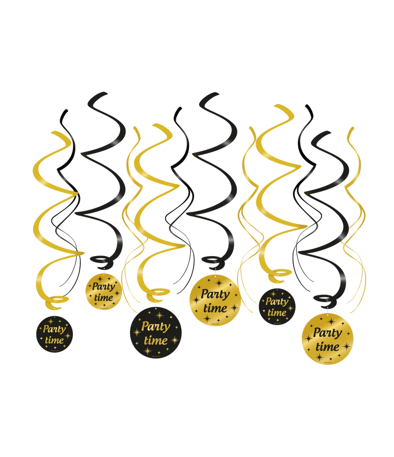 Party time Swirl slingers - 6 stuks - goud en zwart - Classy