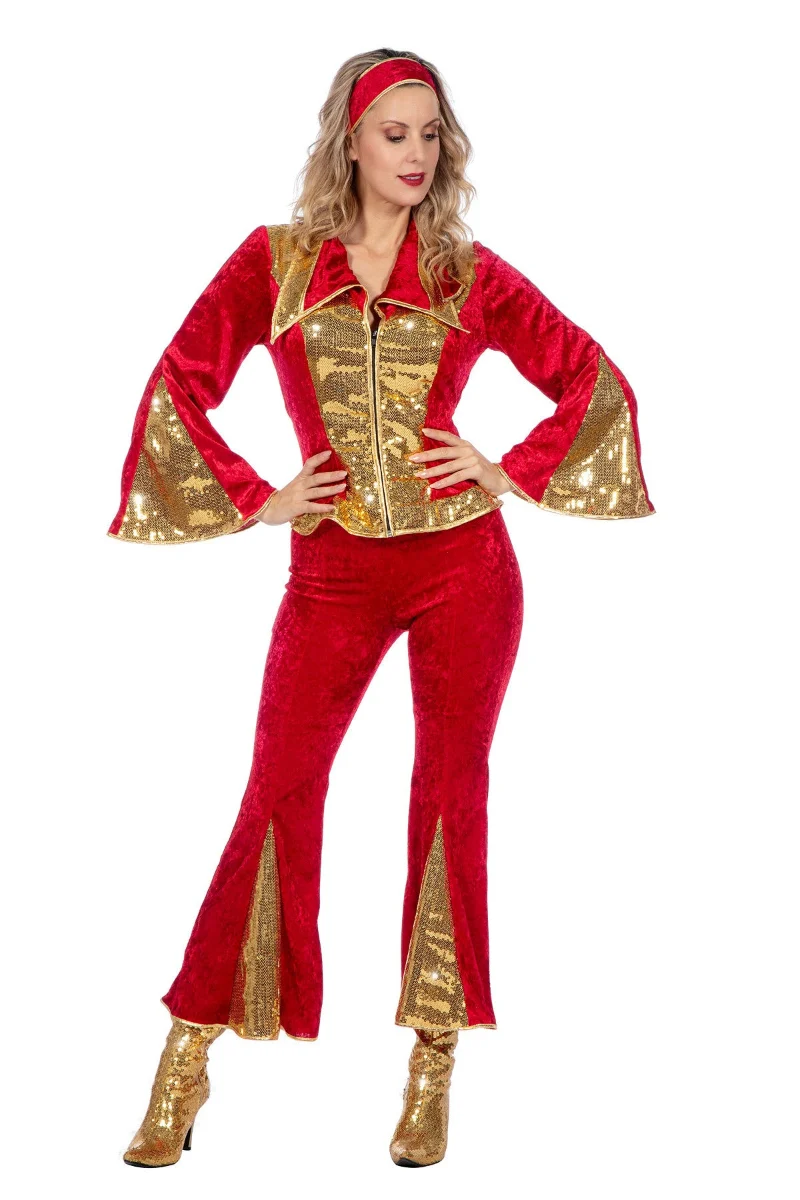 Disco Glitter Kostuum Rood/Goud Dames Premium