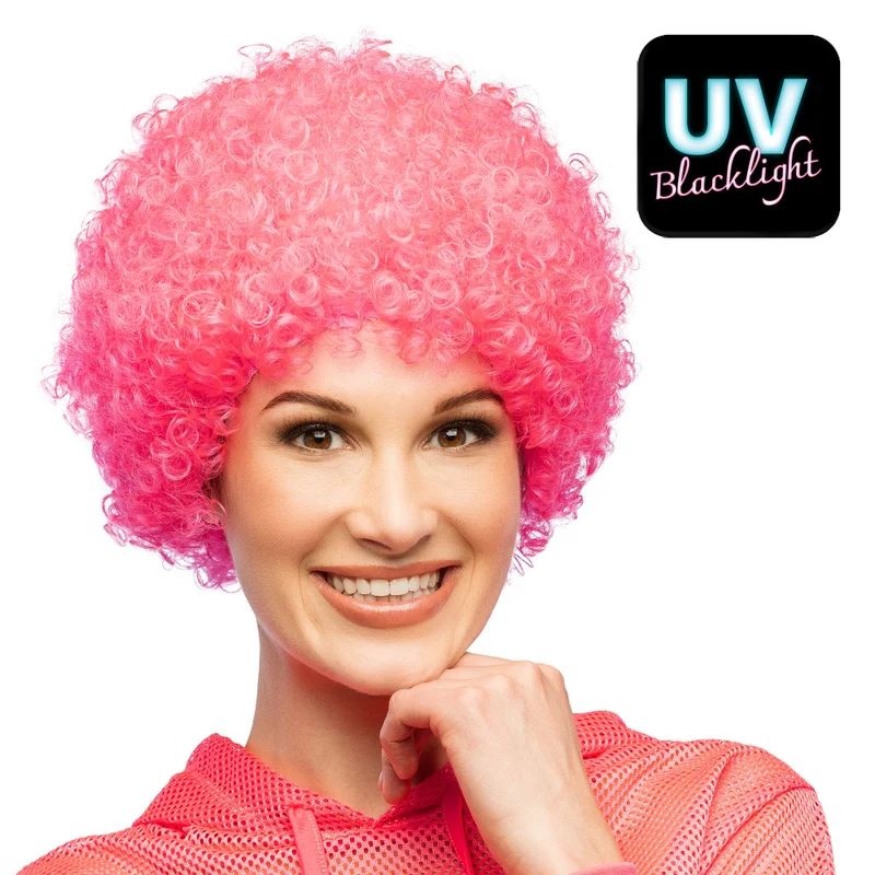 Afropruik neonroze met krullen UV blacklight unisex