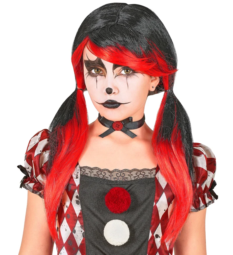 Horror clownpruik meisjes zwart met rood en zijstaarten