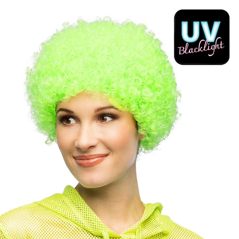 Pruik curly neongroen UV afromodel dames en heren