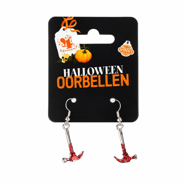 Oorbellen Halloween hamer zilver/rood