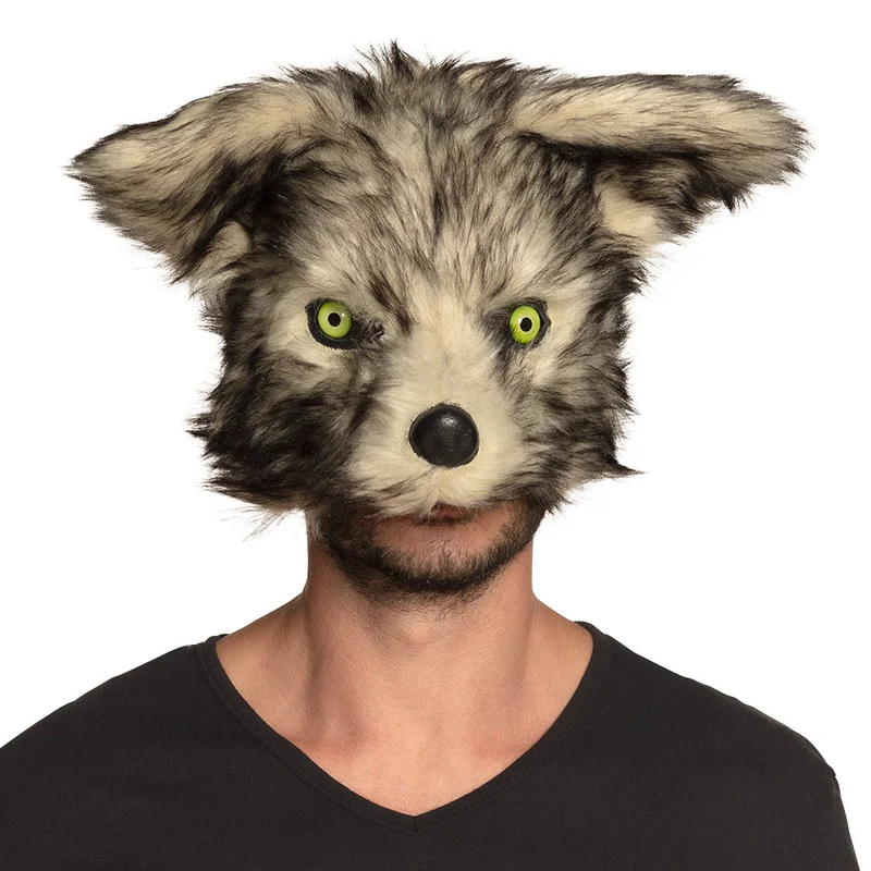 Pluchen halfmasker wolf grijsbruin met groene ogen heren