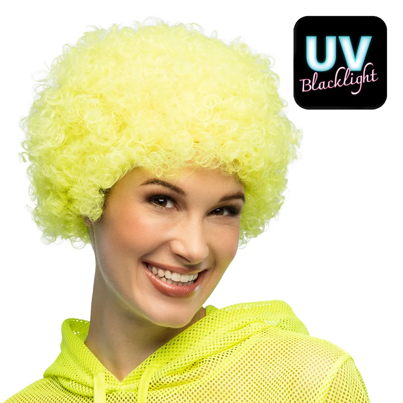 Afropruik neongeel UV met krullen dames en heren