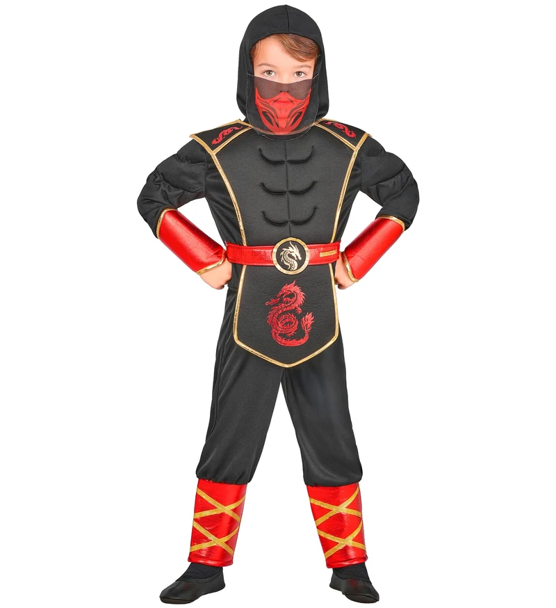Ninja kostuum jongens zwart met rood 3-delig