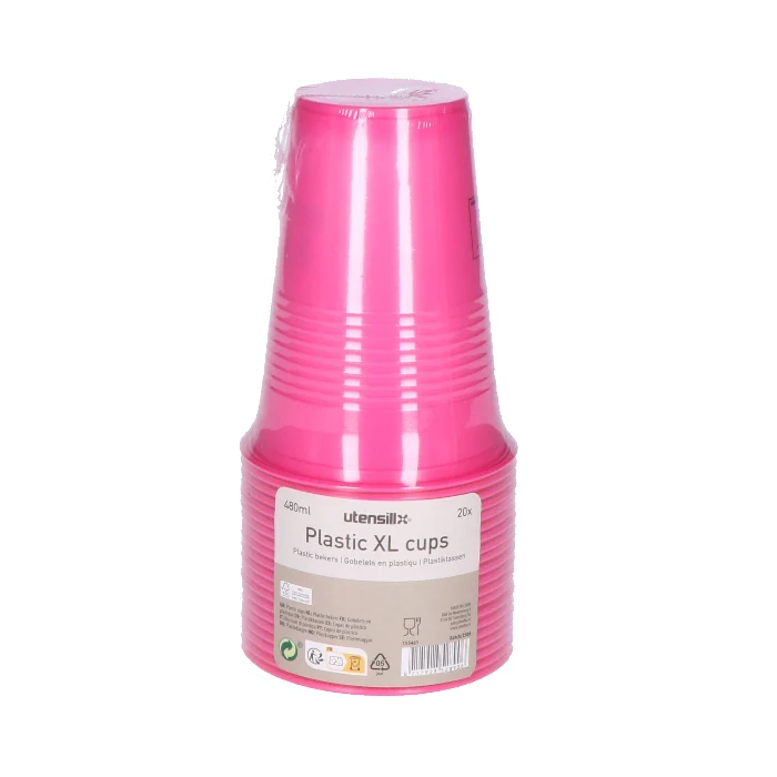 Bekers plastic XL roze – 20 stuks (480 ml)