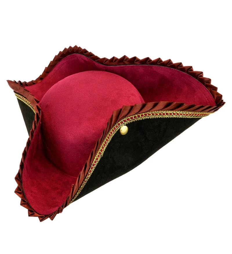 Driekantige piratenhoed deluxe zwart bordeauxrood dames