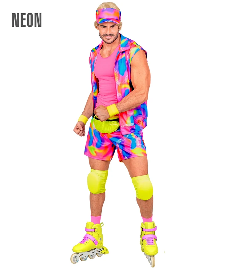 Jaren 80 rollerblader kostuum heren neon 5-delig