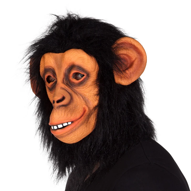 Latex hoofdmasker chimpansee met zwart haar en grote oren