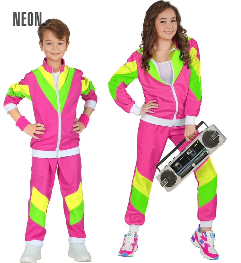 Jaren 80 trainingspak neon roze groen voor kinderen